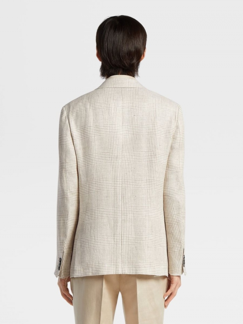 Light Beige / Beige Zegna Prince Of Wales Crossover Linen Wool And Silk Fairway Jacket | QYNPOZK-86