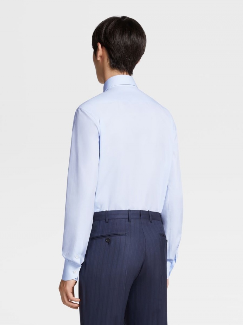 Light Blue Zegna Micro Herringbone Cotton Long-sleeve Tailoring Shirt | HLFASJM-86