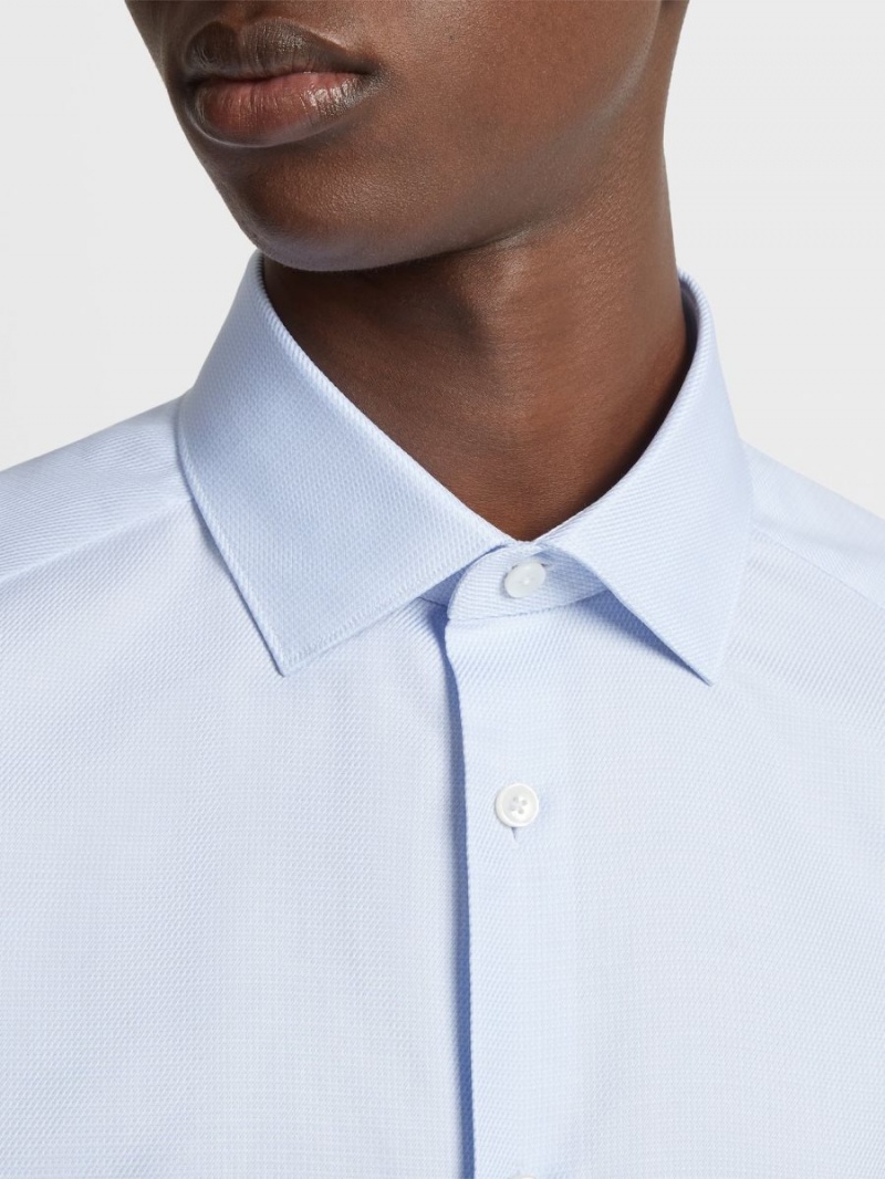 Light Blue Zegna Trecapi Cotton Twill Shirt | OLNGCUT-23