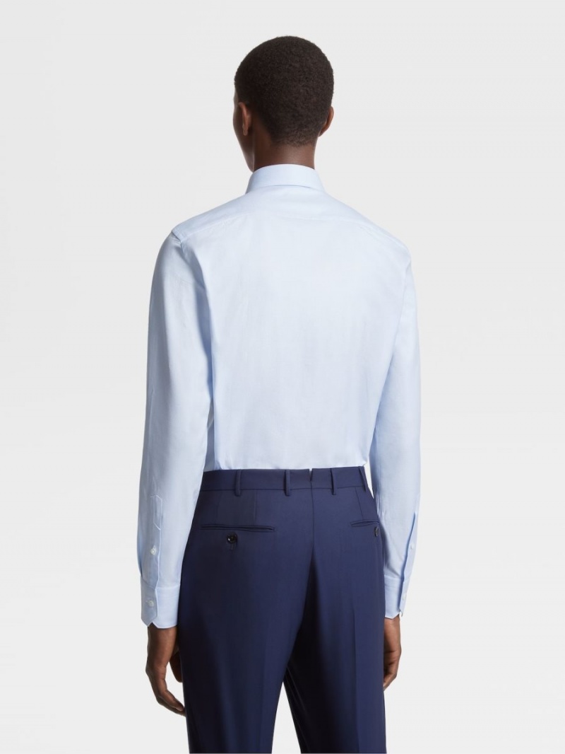 Light Blue Zegna Trecapi Cotton Twill Shirt | OLNGCUT-23