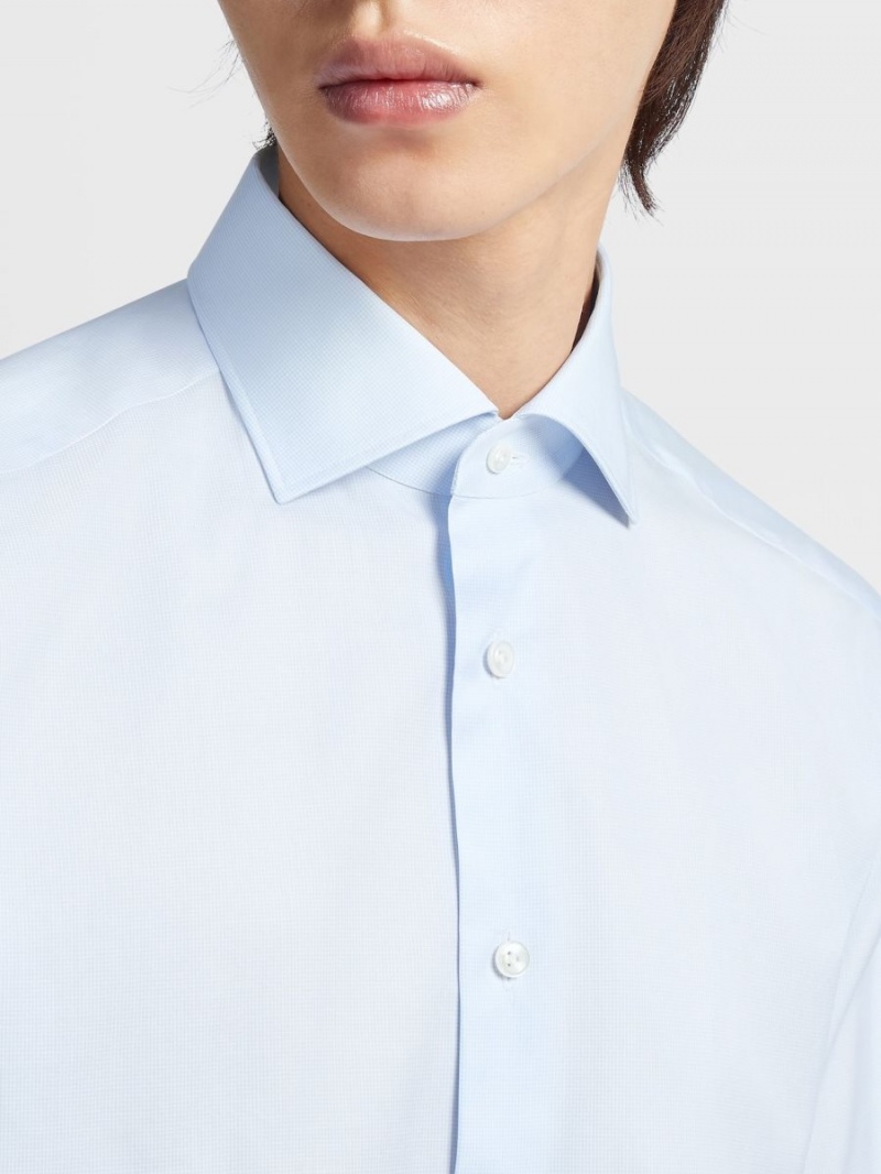 Light Blue / White Zegna 300 Cotton Micro-checked Shirt | KUXDZAG-12