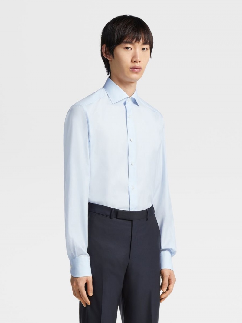 Light Blue / White Zegna 300 Cotton Micro-checked Shirt | KUXDZAG-12