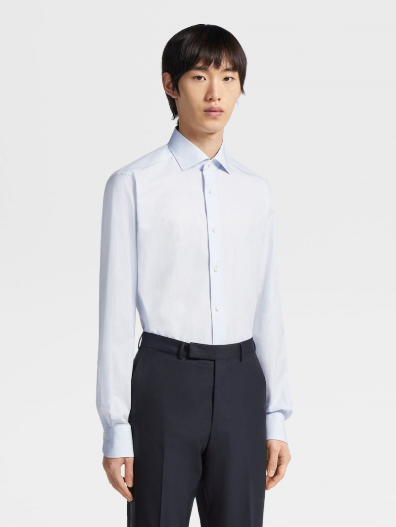 Light Blue / White Zegna 300 Cotton Micro-striped Shirt | BWKLRSX-19