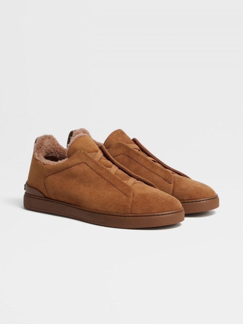 Light Brown Zegna Leather Triple Stitch Sneakers | YQUZDXC-06