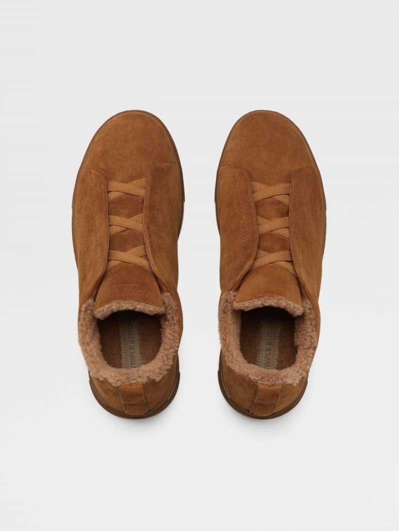 Light Brown Zegna Leather Triple Stitch Sneakers | YQUZDXC-06