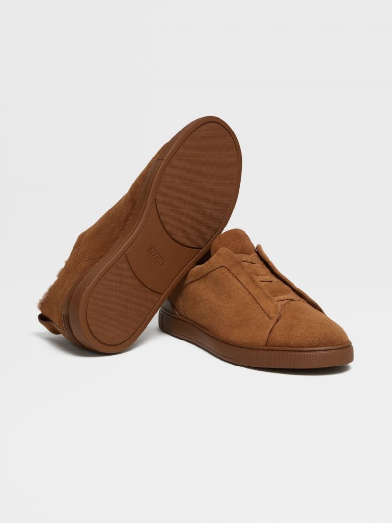 Light Brown Zegna Leather Triple Stitch Sneakers | YQUZDXC-06