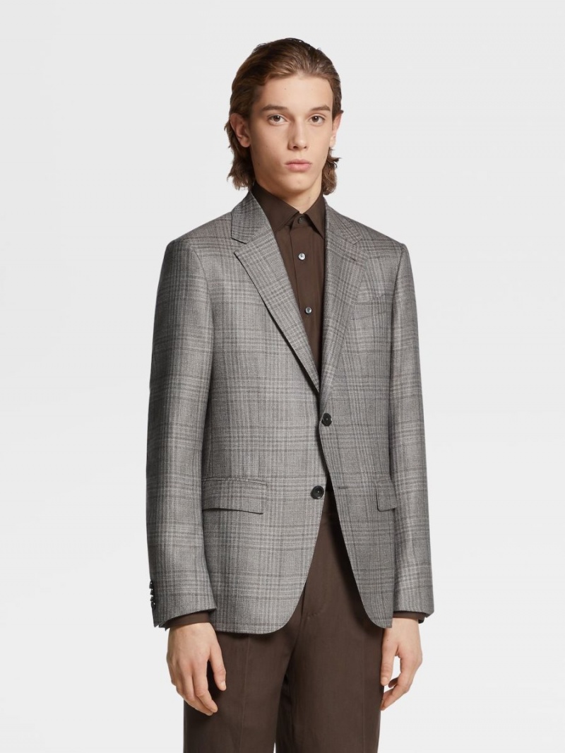 Light Brown / Brown Zegna Prince Of Wales Cashmere Silk And Hemp Jacket | RBKQHEV-64