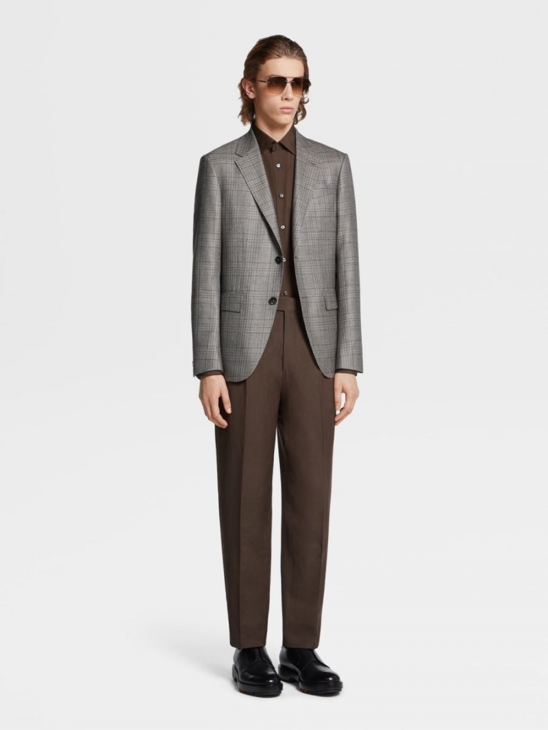 Light Brown / Brown Zegna Prince Of Wales Cashmere Silk And Hemp Jacket | RBKQHEV-64