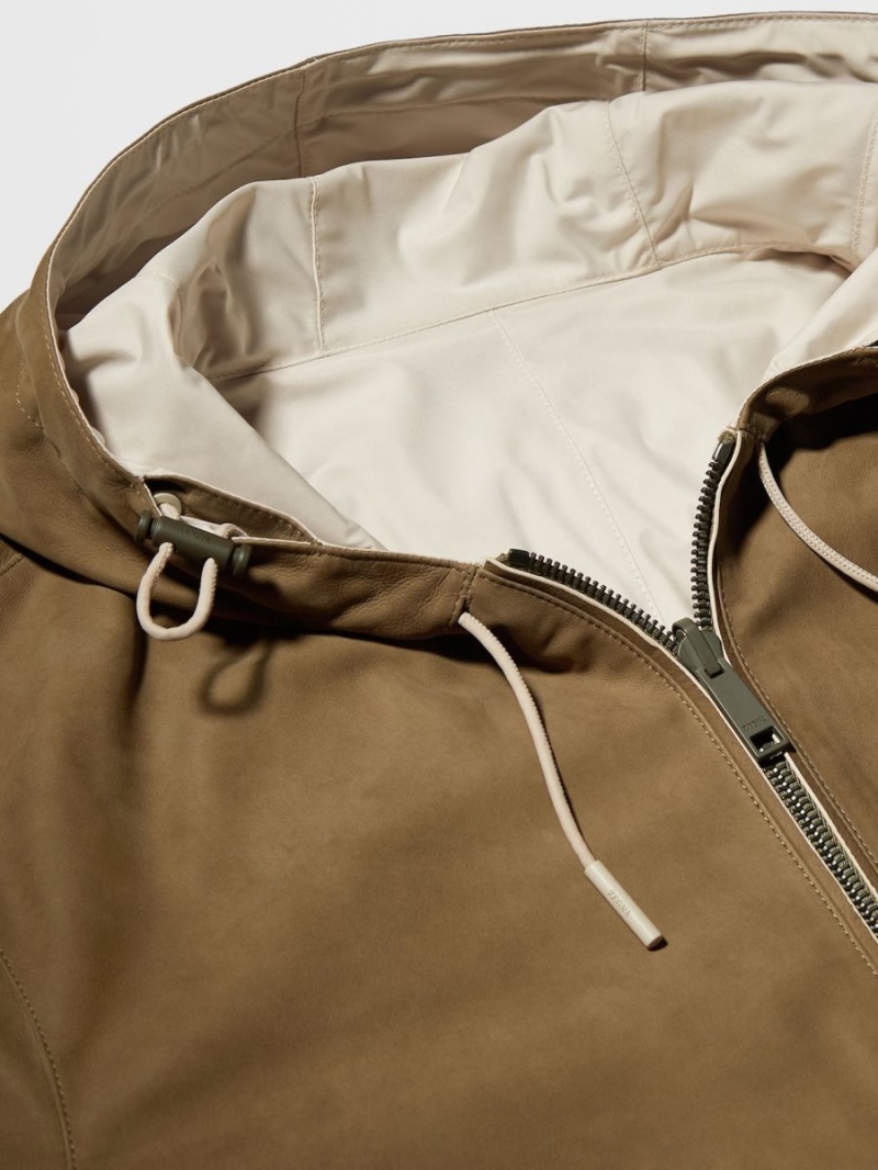 Light Brown / White Zegna Calfskin Nappa And Microfiber Reversible Hooded Blouson | LXAUHCD-81