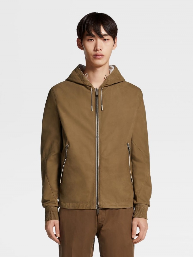 Light Brown / White Zegna Calfskin Nappa And Microfiber Reversible Hooded Blouson | LXAUHCD-81