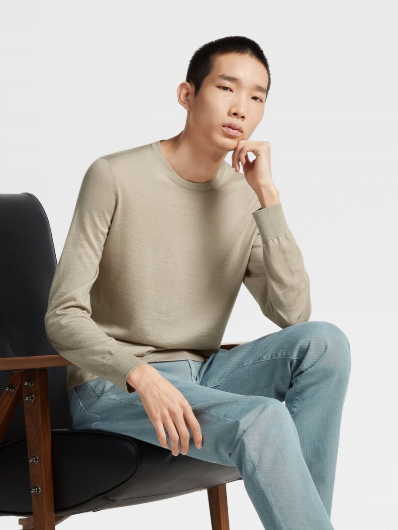 Light Grey Brown Zegna Cashseta Crewneck | OGIUNLM-73