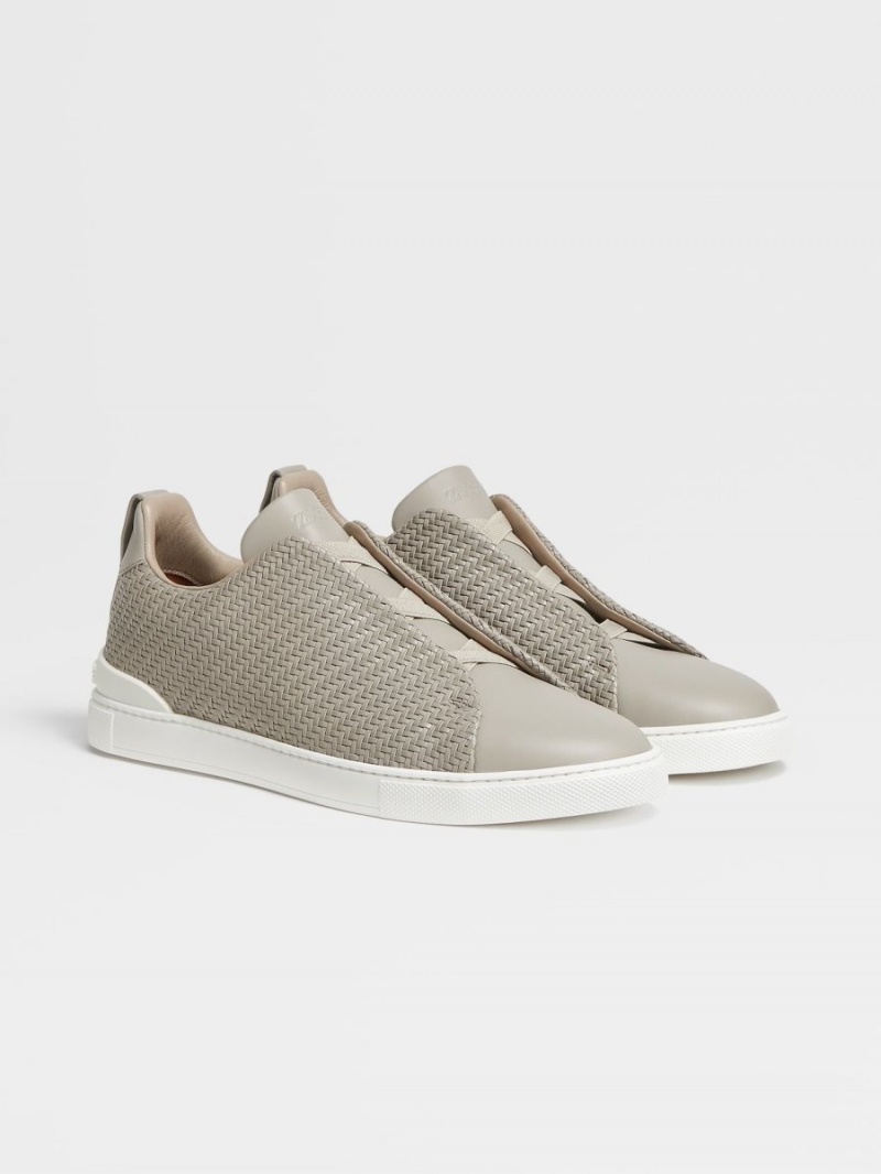 Light Grey Zegna Pelletessuta Leather Triple Stitch Sneakers | ULKBYOA-54