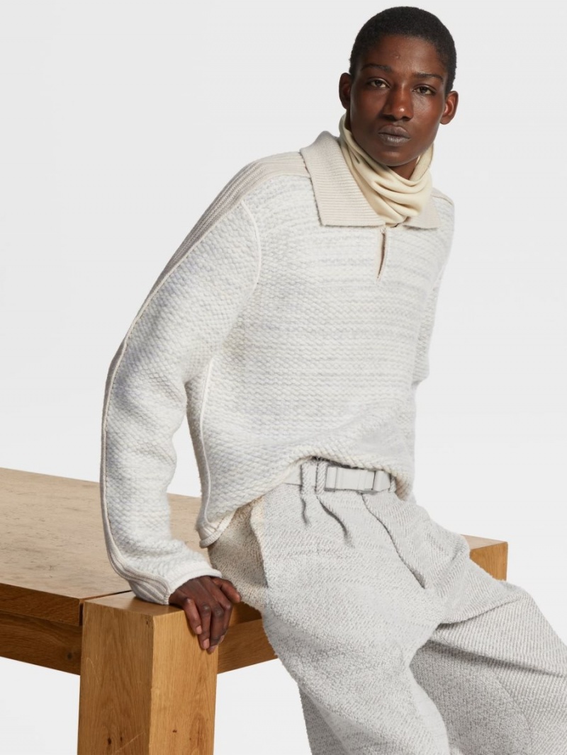 Light Grey / White Zegna Wool Polo Sweater | MGTNVQK-59