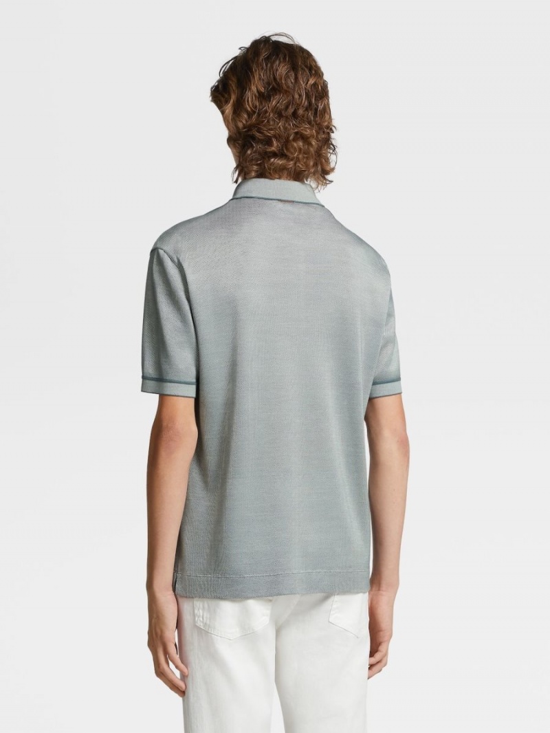 Light Turquoise Green / White Zegna Silk Short-sleeve Polo | LECXODZ-43