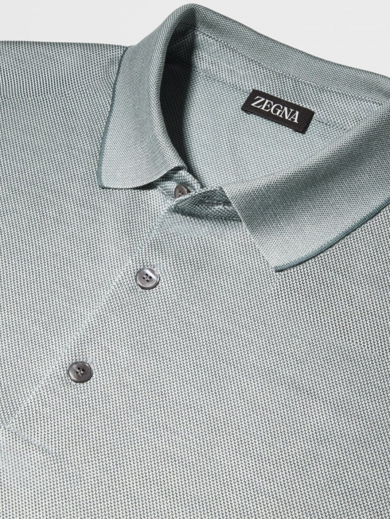 Light Turquoise Green / White Zegna Silk Short-sleeve Polo | LECXODZ-43