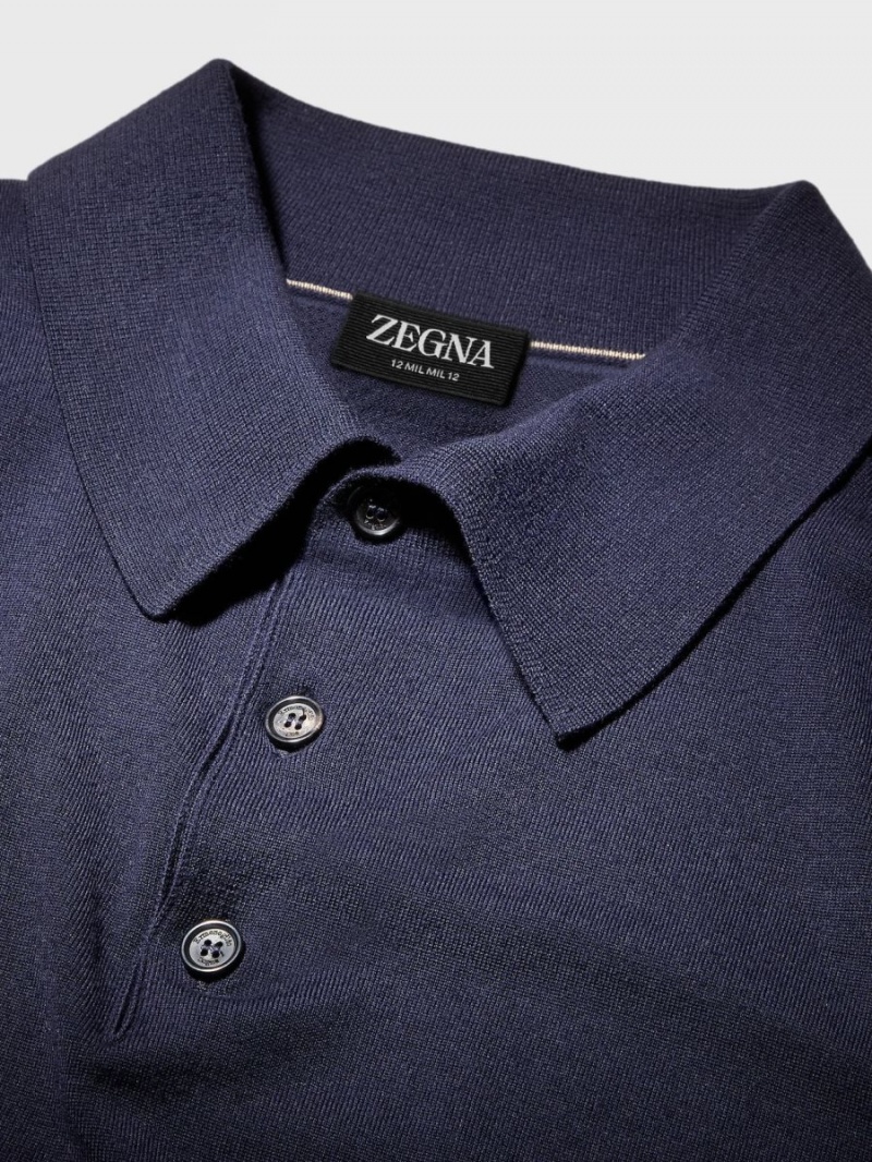 Navy Blue Zegna 12milmil12 Wool Polo Shirt | HMFQWBC-51