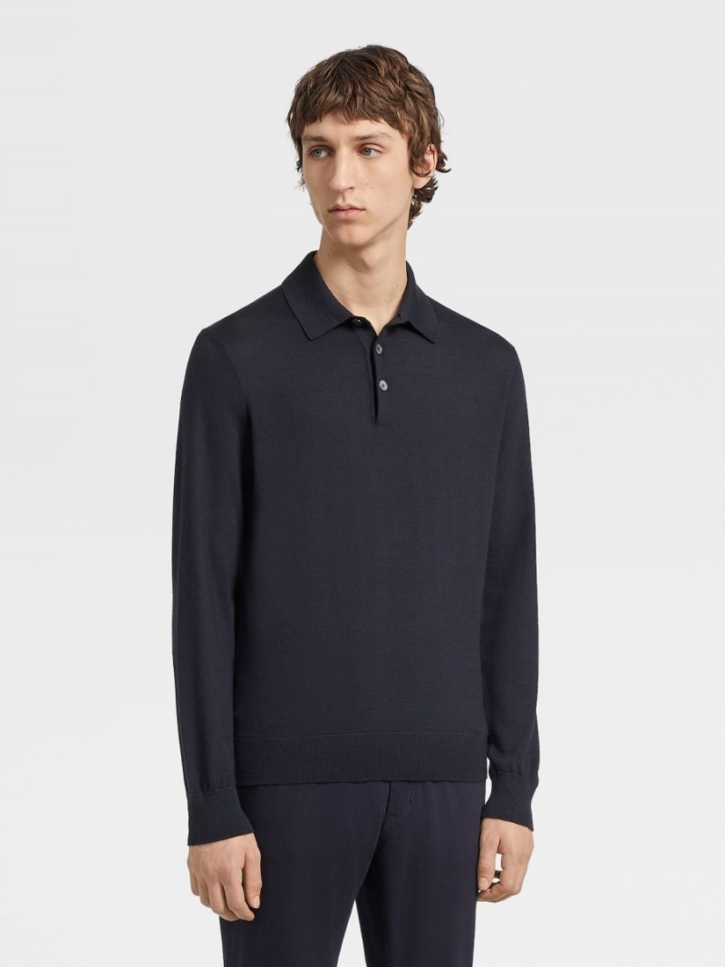 Navy Blue Zegna Cashseta Polo Shirt | QVTPSMW-54