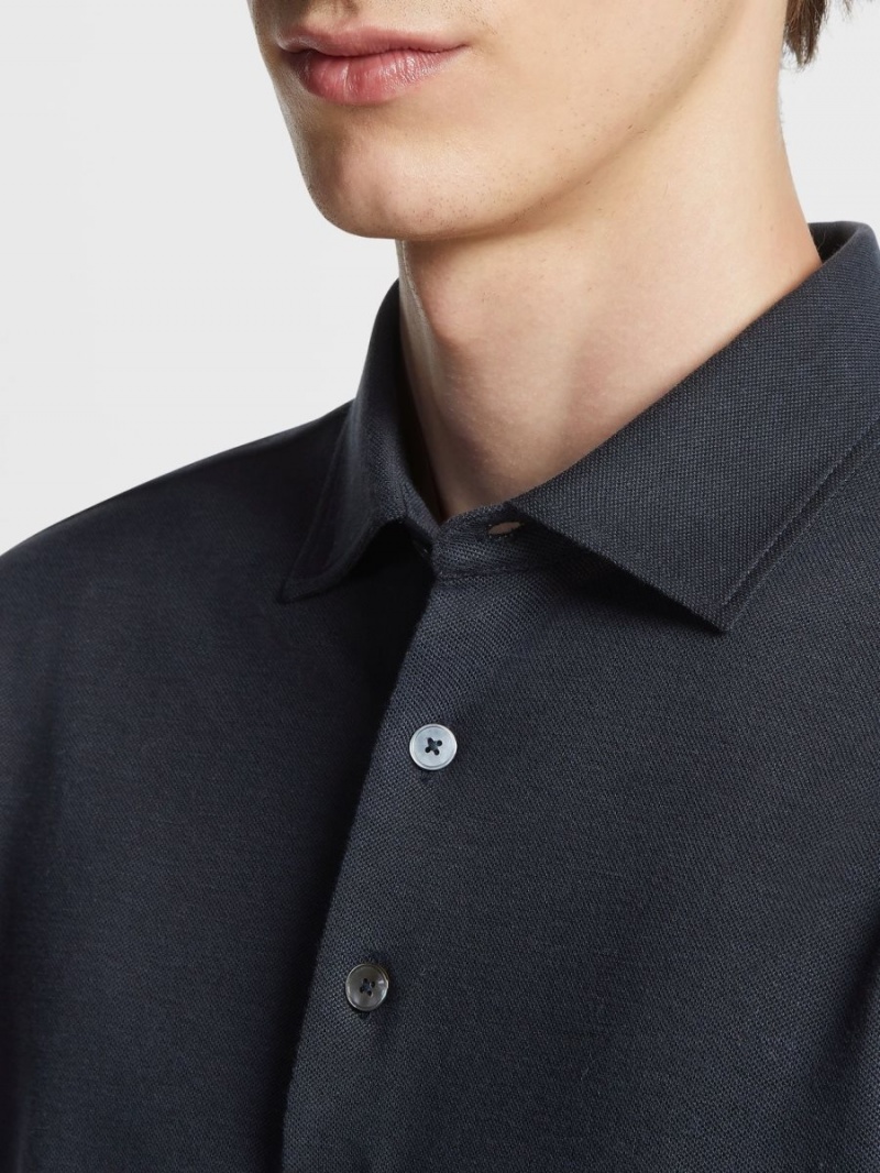 Navy Blue Zegna Cotton And Silk Polo Shirt | VUQHFXP-24