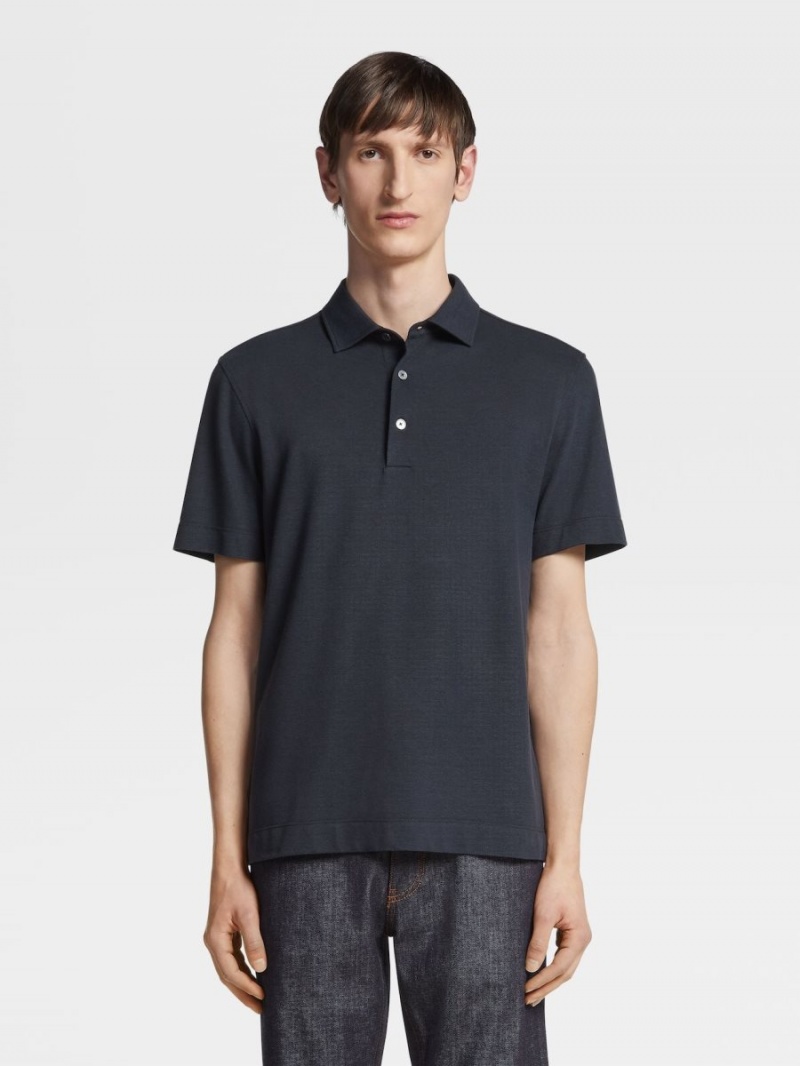 Navy Blue Zegna Cotton And Silk Polo Shirt | VUQHFXP-24