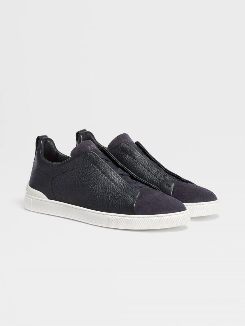 Navy Blue Zegna Leather And Suede Triple Stitch Sneakers | HCFPDQS-64