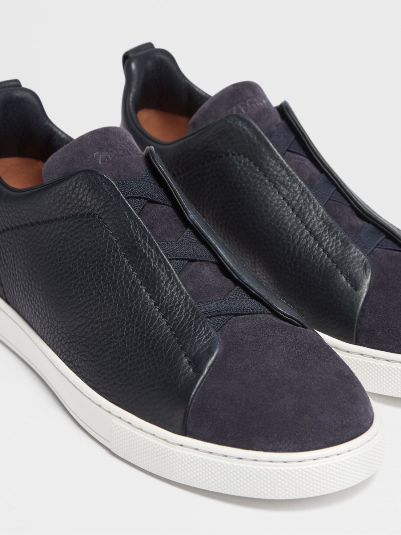 Navy Blue Zegna Leather And Suede Triple Stitch Sneakers | HCFPDQS-64