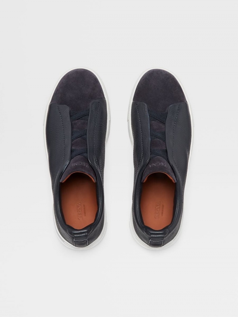 Navy Blue Zegna Leather And Suede Triple Stitch Sneakers | HCFPDQS-64