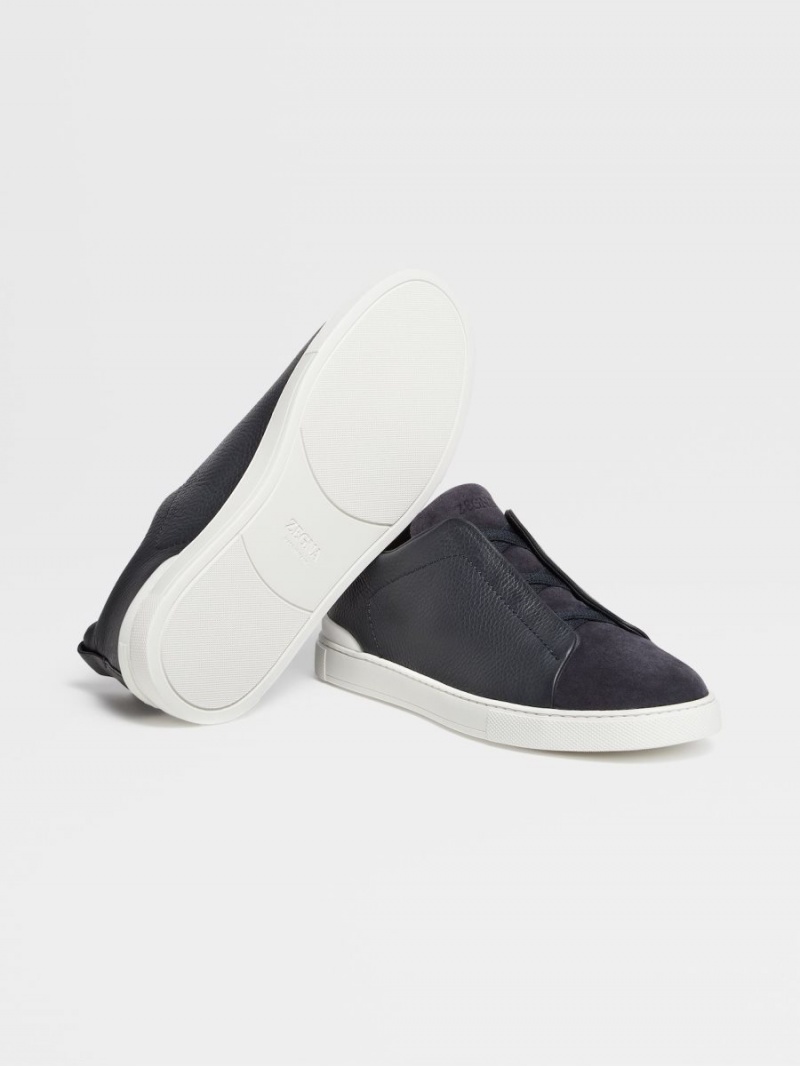 Navy Blue Zegna Leather And Suede Triple Stitch Sneakers | HCFPDQS-64