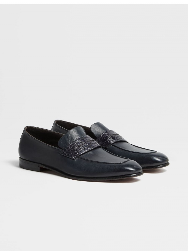 Navy Blue Zegna Nappa And Alligator L'Asola Loafers | LUGYTPQ-10