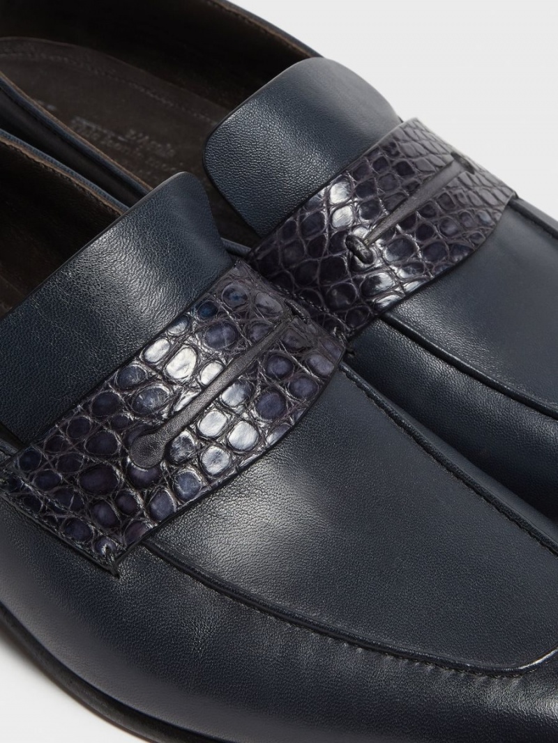 Navy Blue Zegna Nappa And Alligator L'Asola Loafers | LUGYTPQ-10