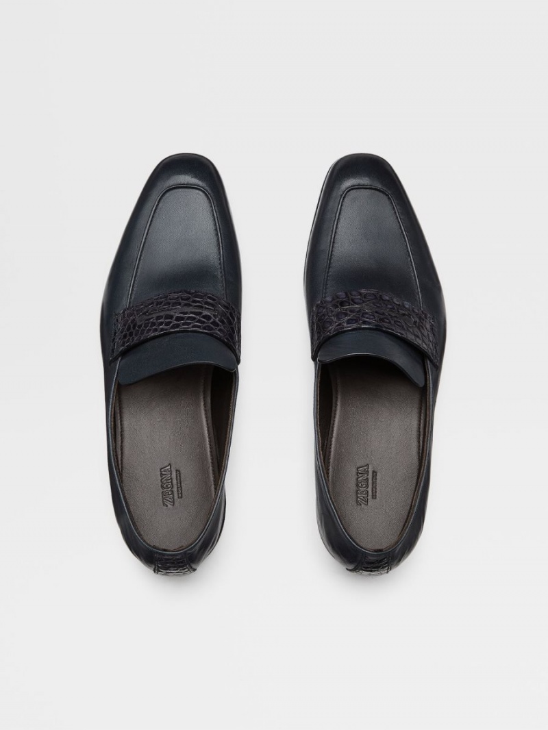 Navy Blue Zegna Nappa And Alligator L'Asola Loafers | LUGYTPQ-10