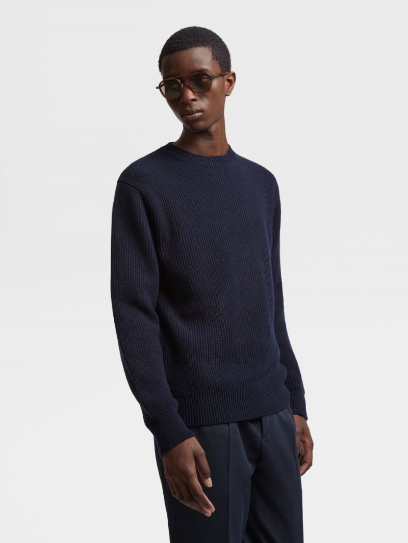 Navy Blue Zegna Oasi Cashmere Crewneck | ZLXUTKJ-06