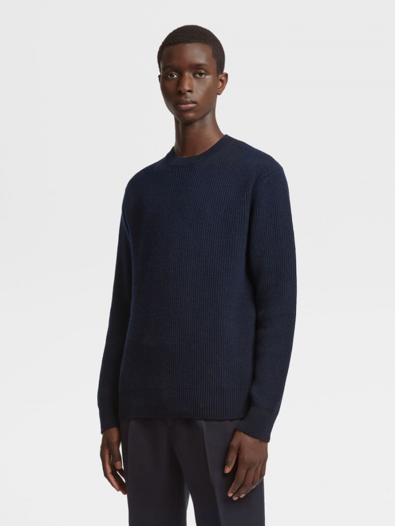 Navy Blue Zegna Oasi Cashmere Crewneck | ZLXUTKJ-06