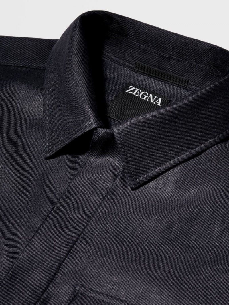 Navy Blue Zegna Pure Linen Overshirt | ZRCXAFG-63