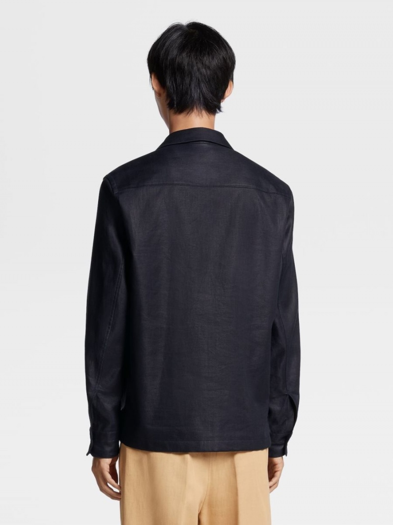 Navy Blue Zegna Pure Linen Overshirt | ZRCXAFG-63