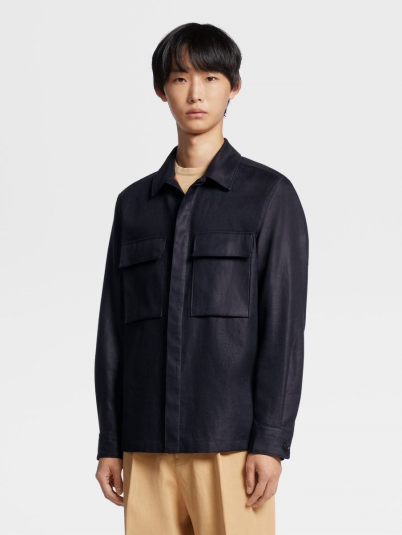 Navy Blue Zegna Pure Linen Overshirt | ZRCXAFG-63