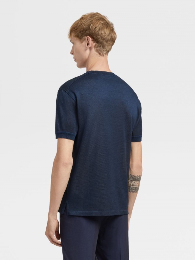 Navy Blue Zegna Pure Silk Short-sleeve T-shirt | LMFXCGS-60