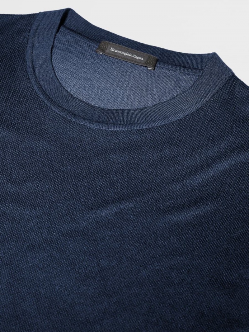 Navy Blue Zegna Pure Silk Short-sleeve T-shirt | LMFXCGS-60