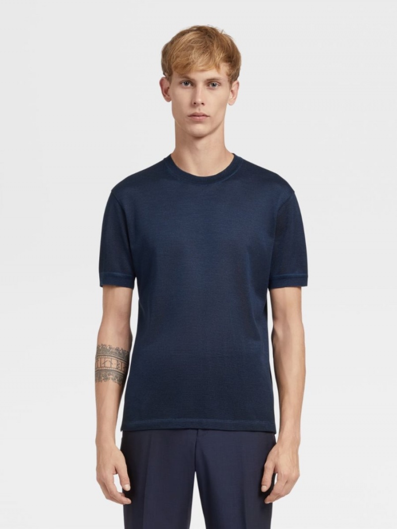 Navy Blue Zegna Pure Silk Short-sleeve T-shirt | LMFXCGS-60