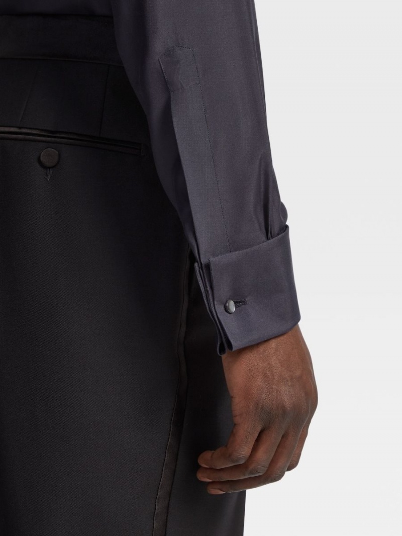 Navy Blue Zegna Silk Evening Shirt | MITXZDW-02