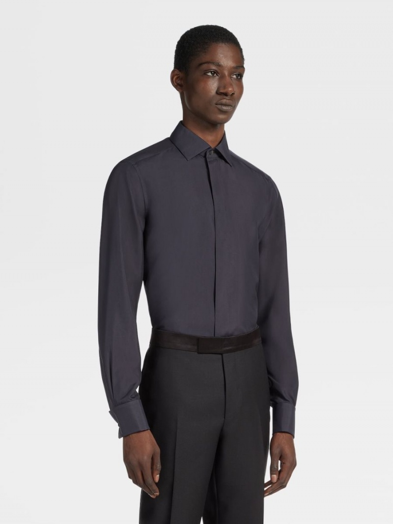 Navy Blue Zegna Silk Evening Shirt | MITXZDW-02