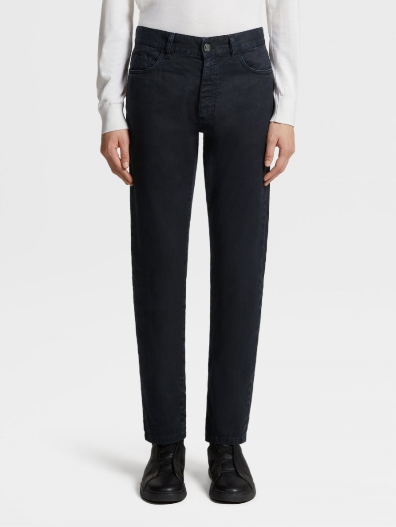 Navy Blue Zegna Stretch Linen And Cotton Jeans | NGOSPEU-16