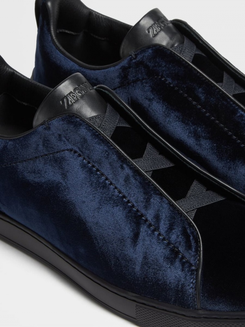 Navy Blue Zegna Velvet Triple Stitch Sneakers | WPGLVBJ-27