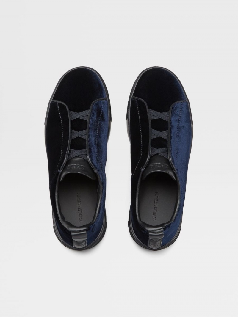 Navy Blue Zegna Velvet Triple Stitch Sneakers | WPGLVBJ-27