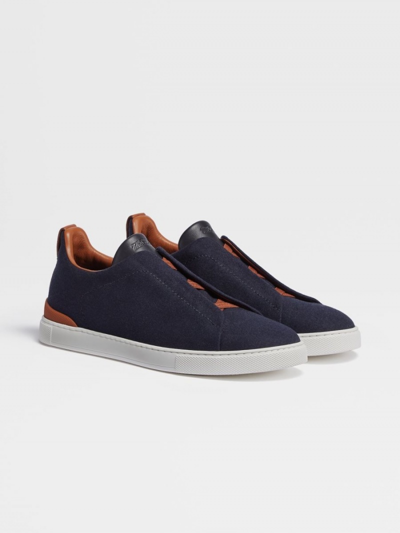 Navy Blue Zegna #usetheexisting Wool Flannel Triple Stitch Low Top Sneakers | TPVGRCX-12