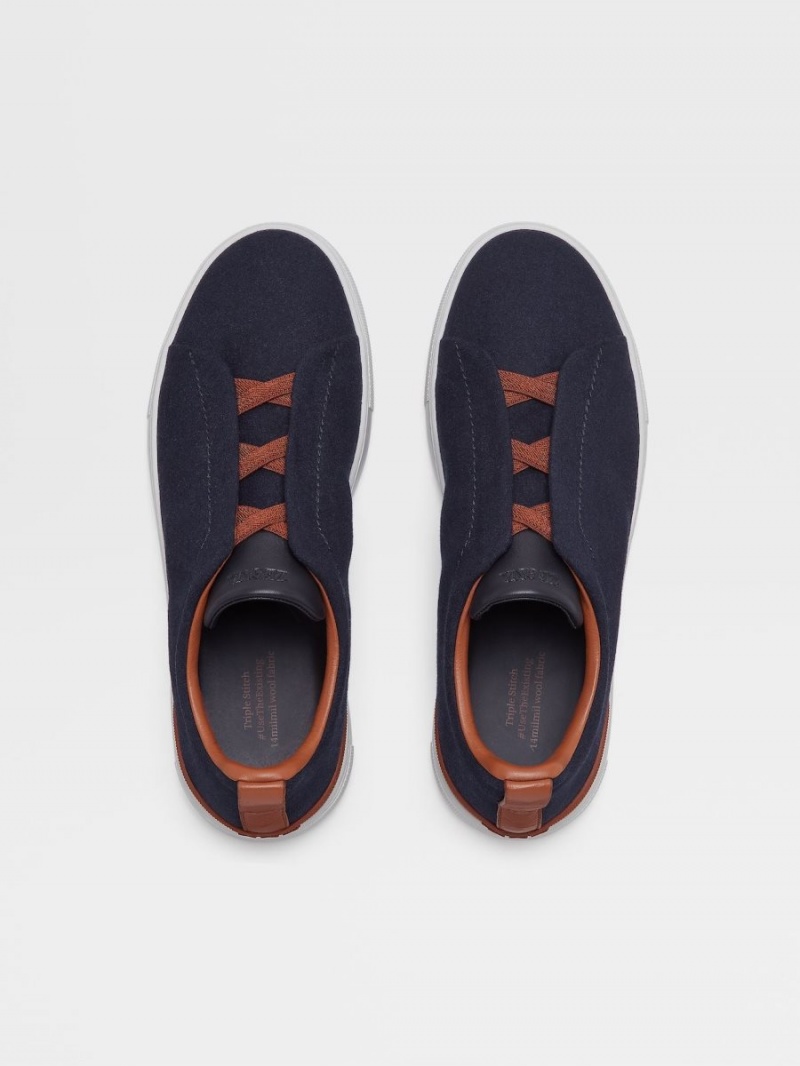 Navy Blue Zegna #usetheexisting Wool Flannel Triple Stitch Low Top Sneakers | TPVGRCX-12