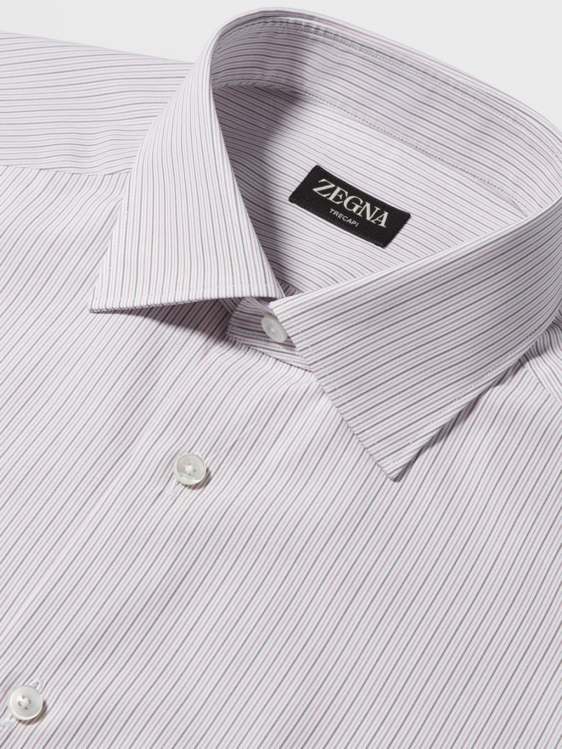 Pink / Brown / White Zegna Striped Trecapi Cotton Shirt | LHONCMI-79