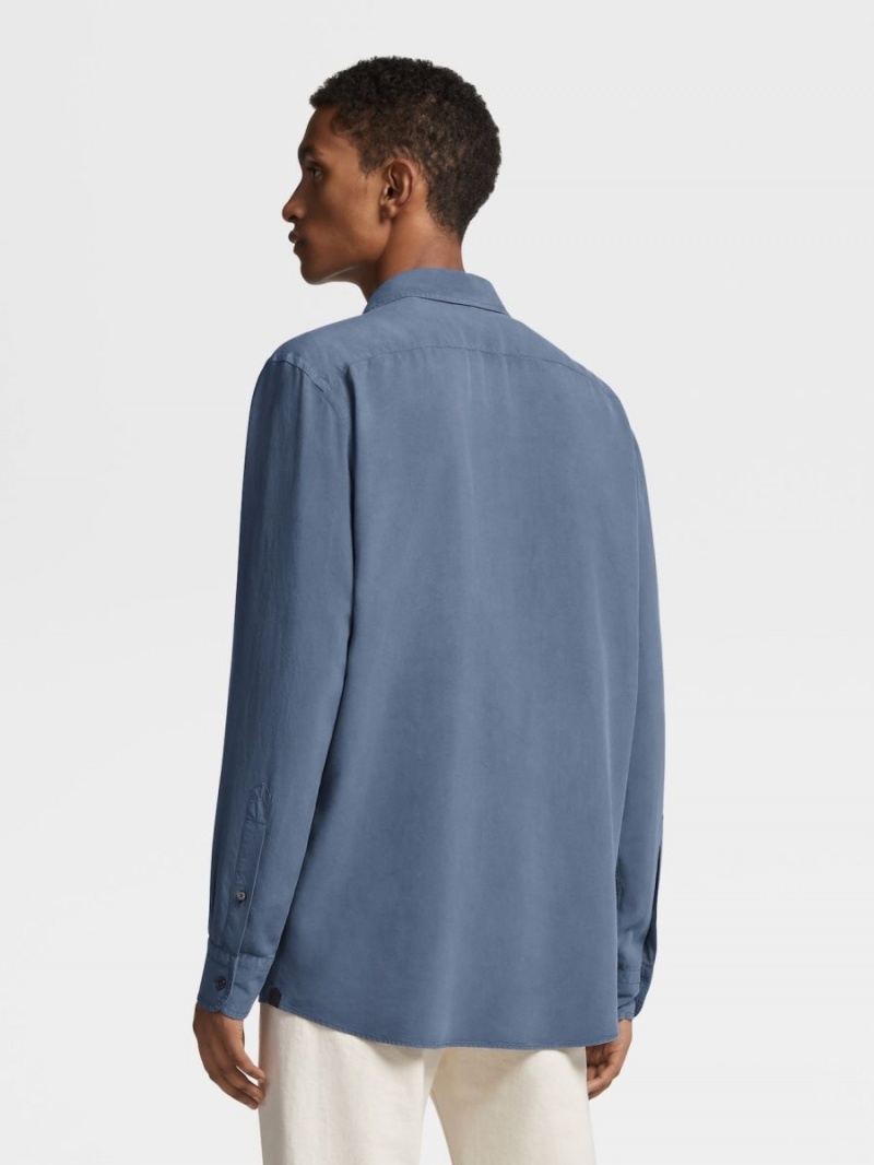 Turquoise Blue Zegna Garment Dyed Pure Silk Long-sleeve Shirt | YODEUBG-78