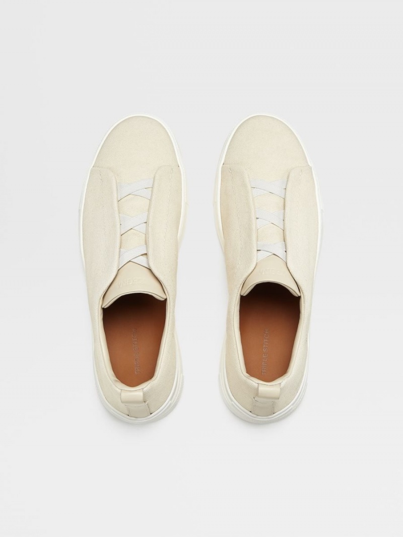 White Zegna Canvas Triple Stitch Low Top Sneakers | BYUOGSI-47