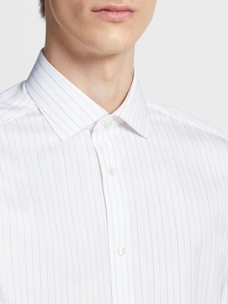 White / Dark Grey Zegna Structured Striped Trecapi Cotton Shirt | YUIDEZW-62