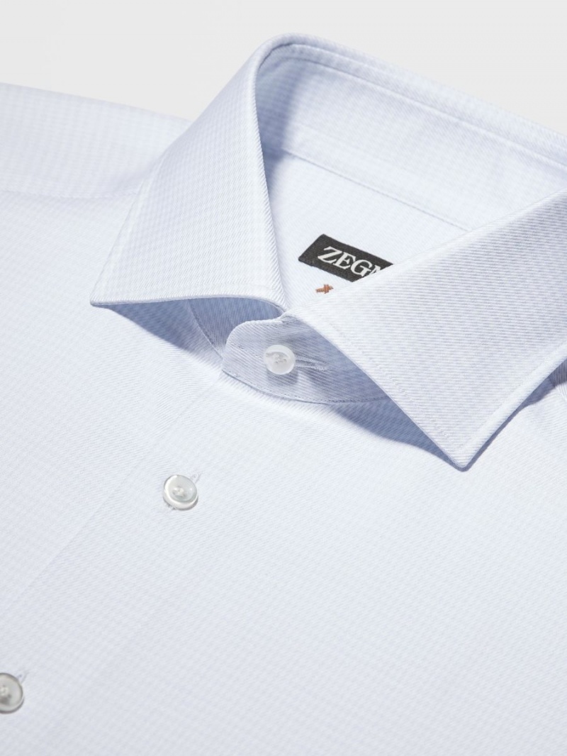 White / Light Blue Zegna Pied De Poule Twill Cotton Long-sleeve Shirt | SEVLPYJ-34